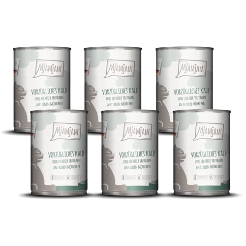 MjAMjAM - cibo umido premium per gatti - ottimo vitello e tacchino con deliziose carote, confezione da 6 (6 x 400 g), senza cereali con carne extra