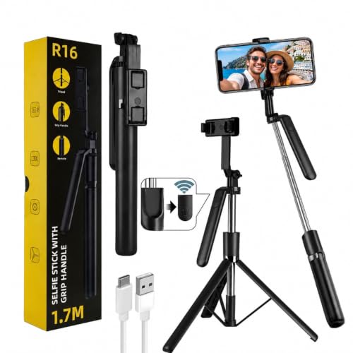 Image of 3-in-1 Selfie Stick, Extendable Phone Tripod Stand, Grip Handle, 360 Adjustable Phone Holder for iPhone & Android with Remote, Vlogging, Travel & Video Calls R16 BY UNBREAKcable