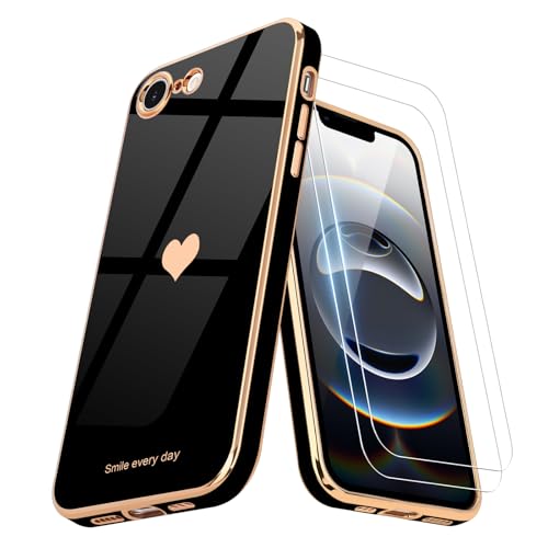 Teageo for iPhone 16E Case with Screen Protector [2 Pack] for Girl Women Cute Girly Love-Heart Luxury Gold Soft Cover Camera Protection Silicone Shockproof Phone Case for iPhone SE 4 Case, Black