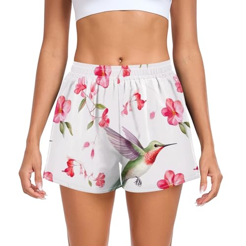 UMIRIKO Hummingbirds Bird Flower Spring Women's Running Shorts with Pockets Sporty Workout Quick Dry Athletic Shorts L 202b3056