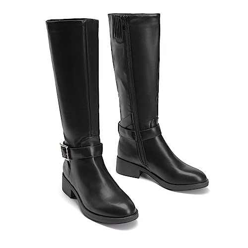 DREAM PAIRS Women's Knee High Riding Boots Comfortable Low Chunky Heel Side Zipper Round Toe Casual Classic Ranching4