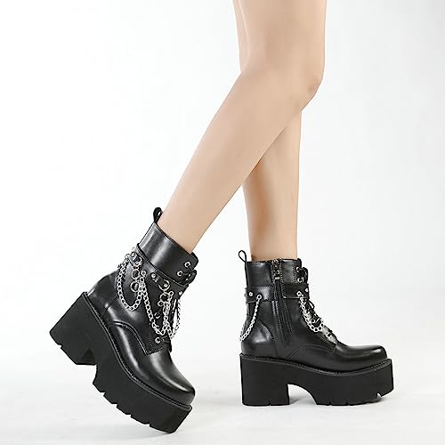 Image of Parisuit Womens Goth Patent Ankle Boots Platform Chunky Combat Boots | Lace Up, Gothic Boots, High Heel, Punk Short Booties, Buckle Boots, Chain Boots
