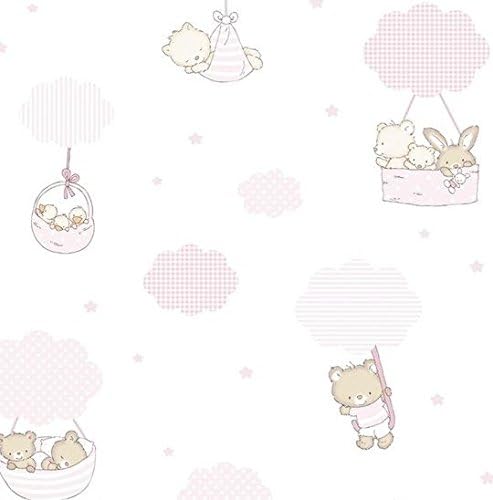Children Pink White Cream Delicate for Newborns with Soft Toy Teddy Bears Stars Clouds Design 580 – 2 Wallpaper treboli