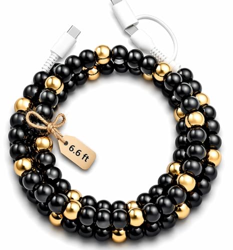 Image of Stylish Beaded Phone Charger Cable Colors USB Charging Cord for Smartphones (2-1 to USB C, Black & Gold, 6.6ft)