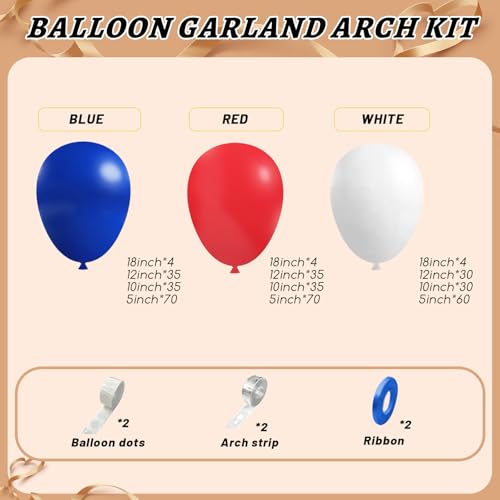 Image of 412Pcs Red White and Blue Balloons Garland Arch Kit, 5 10 12 18 inch Red White Blue Balloons for 4th of July Patriotic Decorations Graduation Baseball Birthday Party Decorations