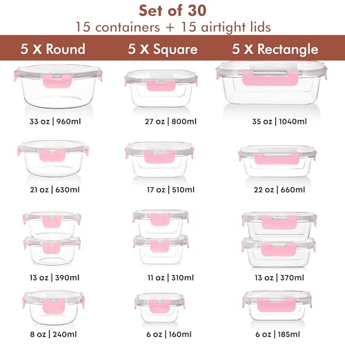 Image of Razab 30 PC Glass Food Storage Containers with Lids - Reusable Glass Meal Prep Containers for Lunch and Leftovers - Airtight & Leakproof Snap Locking Lids - Oven, Freezer, Microwave, Dishwasher Safe