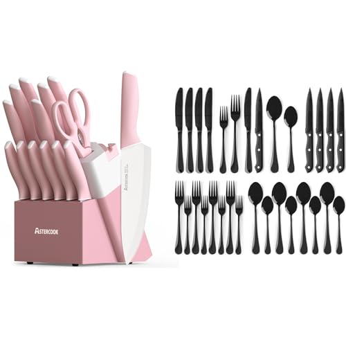 Astercook Knife Set with Block and Sharpener 15 Pcs and 24-Piece Black Silverware Set with Steak Knives Flatware Set for 4