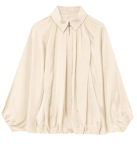 Women Puffed Sleeve Zipper Up Bomber Jacket Oversized Batwing Drop Shoulder Pleated Peplum Hem Lapel Collar Coat4