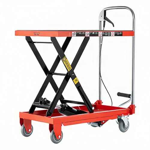 Image of Hydraulic Lift Table Cart,500lbs Load Capacity 28.5Inch Lifting Height, Single Scissor Lift Table with Non-Slip Pads and 4 Wheels, for Material Handling and Transportation, Red
