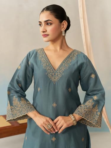 Image of Royal Export Women's Kurta Set | Viscose Silk Floral Embroidered Straight Kurta Pant Dupatta Set Kurta Sets for Women | Ladies Kurta Set