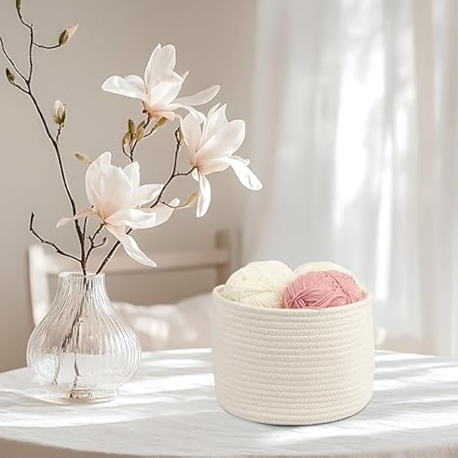 Woven Cotton Storage Baskets - 3-Pack Round Bins (10x10x7'') for Shelves, Closets & Bookcases | Durable Rope Organizers for Nursery, Baby, Toys, Easter & More (white)