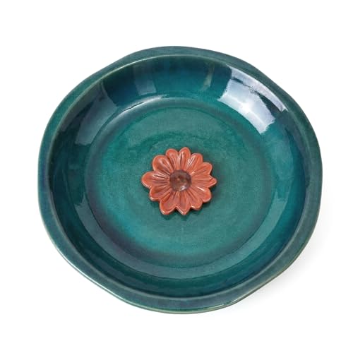 Topadorn 12.2 Ceramic Birdbath & Birdfeeder for Small Birds Outdoors 2 Depth Bird Bath Bowl for Vintage Garden Patio Yard Lawn Decor Blue with Red Flower
