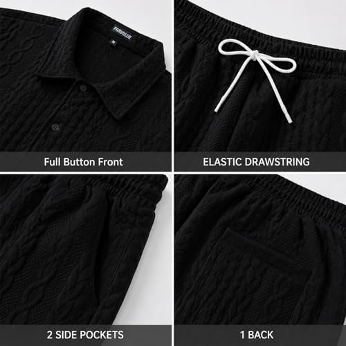 Image of FARVALUE Men Raised Texture 2 Piece Set Short Sleeve Button Down Shirt & Drawstring Pocket Shorts Summer Beach Casual Outfit
