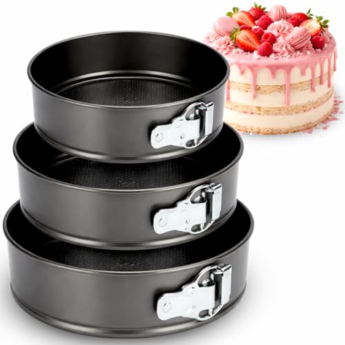 Retoo Springform Set 3 Stück Kuchenform Runde Backform Auslaufsicher Antihaft Ø 24/26/28 cm Kohlenstoffstahl Hitzebeständig Tortenringe Abnehmbarer Flachboden Schwarze