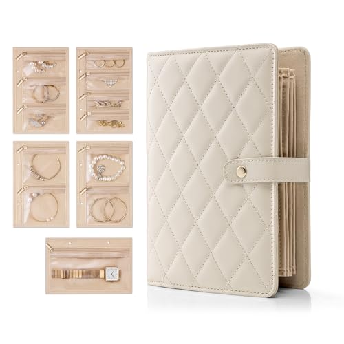 Vlando Organizador de livros de joias – Estojo de couro para viagem com 5 páginas destacáveis para colares, anéis, brincos, sem emaranhados, para presente, off-white
