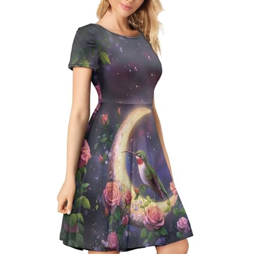 Image of HUGS IDEA Womens Puffy Swing Midi Dress Round Neck Short Sleeve Party A-Line Dresses