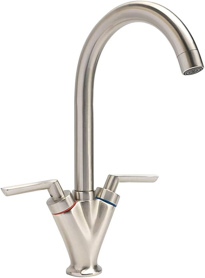 Swan Dual Lever Brushed Silver Kitchen Sink Mixer Tap Monobloc 360ยฐ Swivel Spout with Hoses Standard Fittings
