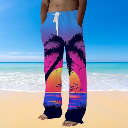 Generic Mens Linen Pants Beach Hawaii Print Casual Summer Casual Pants Elastic Waist Drawstring Baggy Trousers with Pockets, XX-Large2