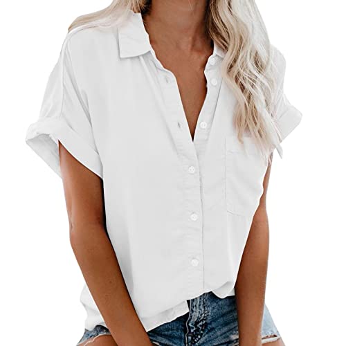 Masrin Bluse Damen Sommer Kurzarm Tops mit Tasche Modisches einfarbiges...