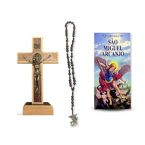 Kit Terço De São Miguel Arcanjo Pedra Hematita + Crucifixo São Bento Com Guia Da Novena Exército Do