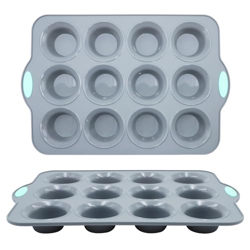 To encounter 2Pack Silicone Muffin Pan with Metal Frame, 12 Cup Regular Size Cupcake Pan, Non-Stick Baking Tray, Food Grade Baking Molds for Oven, Dishwasher Safe