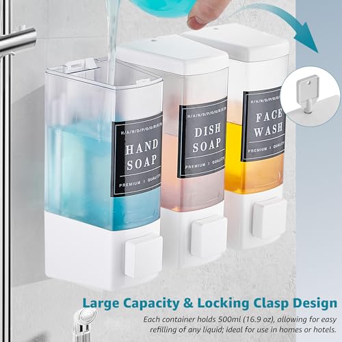 Image of Shampoo and Conditioner Dispenser for Shower, 3 Chamber, White | Wall Mounted, No Drill, 3x16.9oz, ABS Plastic Material, Refillable With Labels, For Bathroom Hotel