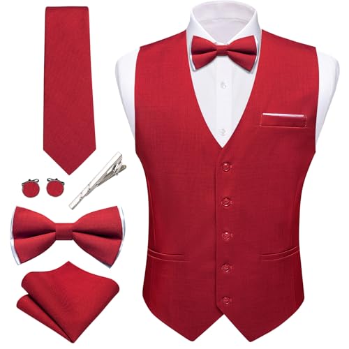 Barry.Wang Mens Suit Vest Linen Formal/Casual V-neck Waistcoat Tie Bow Tie Set Solid Color 6PC Wedding Party Tuxedo