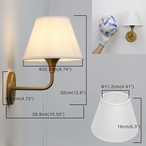 Image of PERMO Wall Sconces Set of 2 Traditional Gold Sconce with 6.3 inch High Linen Lampshade Hardwired Set of Two Wall Light for Living Room Bedroom Hallway Bathroom Stairs Kitchen