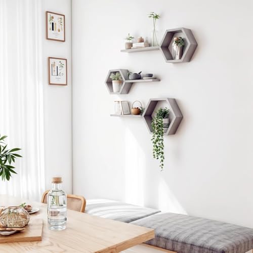 Image of Dream Decor Shoppee Engineered Wood Woden Hexagonal Shape Wall Hanging Rack Floating Shelves for Display for Photos,Plants Living Room, Bedroom,Bathroom, Kitchen, Office (Grey)