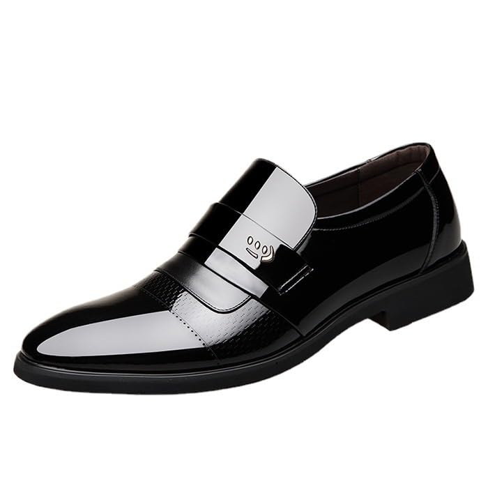 Shoes Dress Oxford for Men Slip On Round Cap Toe Patent Leather PU Leather Non Slip Block Heel Rubber Sole Low Top Anti-Slip Walking