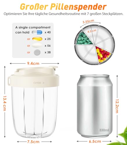 Tablettenbox 7 Tage Morgens Mittags Abends | Rund mit 7 Großen Fächern & Anti-Verwechslungs-Design | Breite Öffnung, BPA-frei & Tragbar | Für Medikamente, Vitamine, Fischöl usw (Weiß)