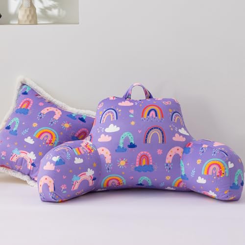 A Nice Night Kids Back Reading Pillow for Reading and Watching TV Bed to Lounge,Purple Cloud Rainbow Printed,with Matching Cushion Cover