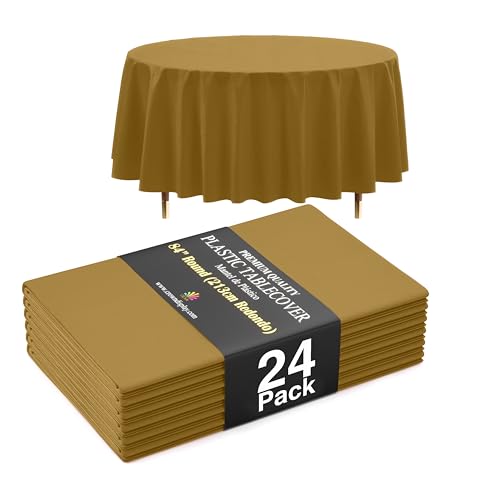 Image of Exquisite 66% Thicker Premium Gold Round Tablecloth 0.5 Mil 24 Pack Plastic Table Cloth Disposable 84 Inch Round Plastic Tablecloth Won't Tear Easily Like Cheap Thin Brands