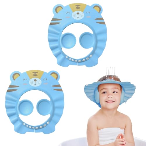 2 gorros de ducha para niños con protección para las orejas. Ayuda para el lavado del cabello, gorros protectores para niños y bebés (diseño de tigre azul).