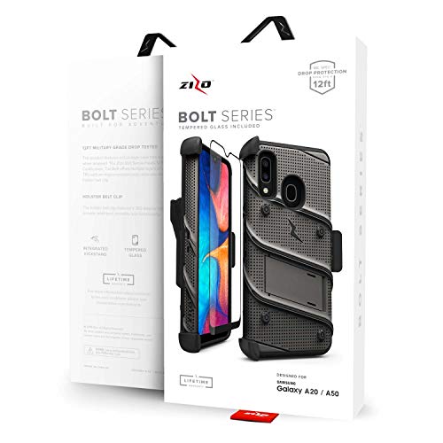 ZIZO Bolt Series for Samsung Galaxy A20 Case | Heavy-Duty Military-Grade Drop Protection w/Kickstand Included Belt Clip Holster Tempered Glass Lanyard Galaxy A50 - Metal Gray