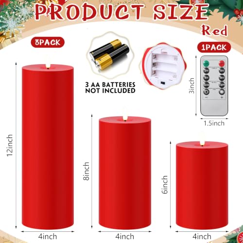 Image of 3 Pcs 6 /8 /12 Inches Thanksgiving Flameless LED Candles with Remote and 2 /4 /8h Timer Red Battery Operated Wax Flickering Candles for Christmas, Anniversaries, Holiday Parties Bedroom Decor