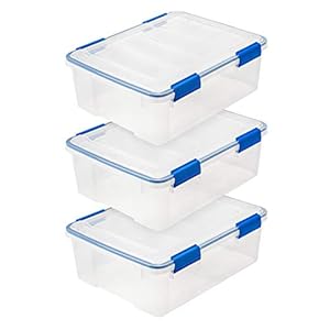 IRIS OHYAMA USA 26.5 Quart WEATHERPRO Plastic Storage Box with Durable Lid and Seal and Secure Latching Buckles, Clear With Blue Buckles, Weathertight, 3 Pack