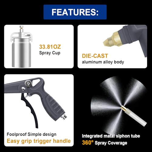 Image of Undercoating Spray Gun with Suction Feed Cup & 360Straight Spray Hoses, Fluid Film Spray Gun for Truck Bed Liner Coating, Rubberized Undercoat, Rust Proofing,Silver