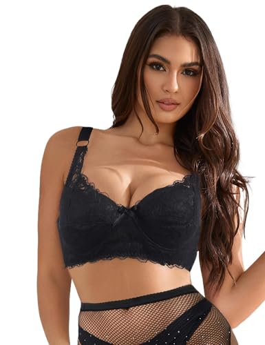 ohyeahlady Tirantes Ajustables Sujetador Mujer con Aros Encaje Push Up Sostenes Cobertura Completa Básicos Sujetadors Comodos Elástico En V Ropa Interior Elegante Lencería Curvy Negro,ES 115E
