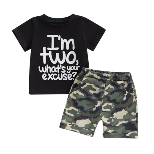Fernvia Toddler Baby Boy 2nd Birthday Outfit Letter Print Short Sleeve T-shirt Elastic Camouflage Shorts Summer Clothes (B-Im Two Black 2-3T)