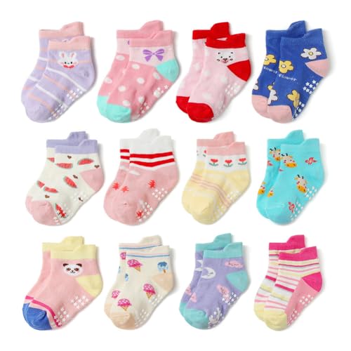 12 Pairs Non Slip Toddler Socks Infant Baby Kids Grip Socks for Boy Girls Anti Skid Ankle Socks for 0-7 Year Children, Style B L2