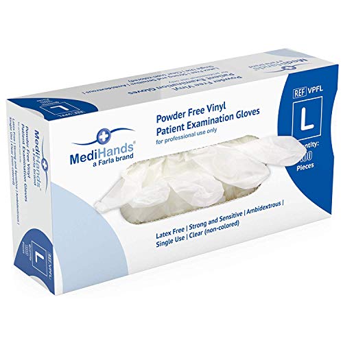 MediHands - Guantes de vinilo transparente para examen de pacientes (desechables, sin látex, tamaño grande, 100 unidades)