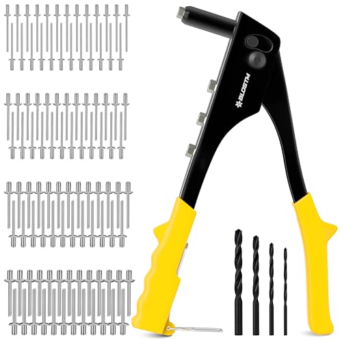 BLOSTM Kit de pistola de remache pop, 100 remaches en 4 tamaños (2,4 mm, 3,2 mm, 4 mm, 4,8 mm), 4 piezas nasales de remache, 4 brocas, remachadora manual para metal, plástico, reparación de