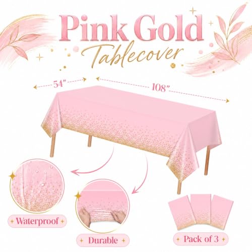 Image of Blue Orchards Pink and Gold Dots Table Cover (Pack of 3 with 20 glue dots) - 54 inchx108 inch XL - Baby and Bridal Shower Disposable Tablecloth, Wedding, Graduation Decoration, Picnic, Birthday Party Supplies