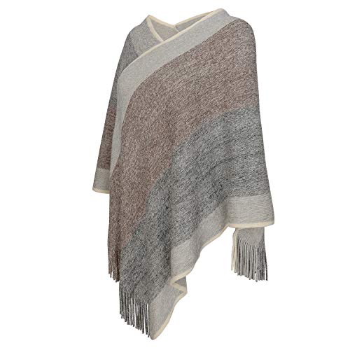 Image of Women's Elegant Knitted Shawl Poncho with Fringed V-Neck Striped Sweater Pullover Cape Gifts for Women Mom