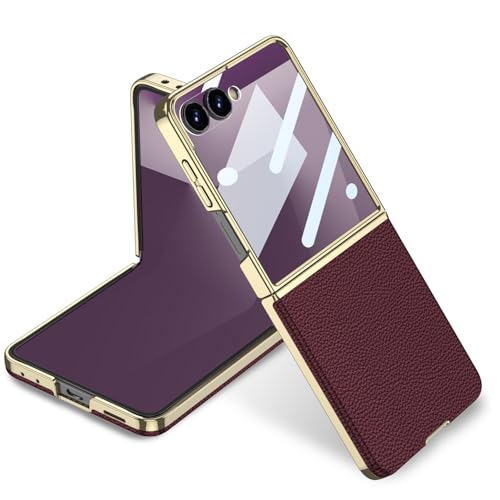Image of Midkart Leather Case Compatible with Samsung Galaxy Z Flip 7 Release 2025 Electroplated Hard PC Lightweight with Independent Camera Protection Cover, Burgundy