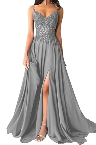 Womens Sparkly Lace Appliques Chiffon Prom Dresses V-Neck Spaghetti Straps Formal Dress Long Ball Gowns with Slit