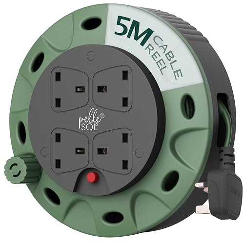 Pelle & Sol 5m Extension Lead Cable Reel with 4 Sockets - Heavy Duty 3120W Power Extension Cable with Overheat Protection for Home Garden DIY & Workshop Use