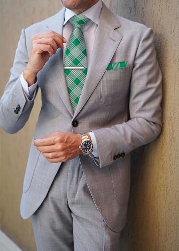 Image of HISDERN Plaid Ties for Men Classic Checkered Tie and Pocket Square Cufflinks Tie Clip Set Woven Men's Necktie Business