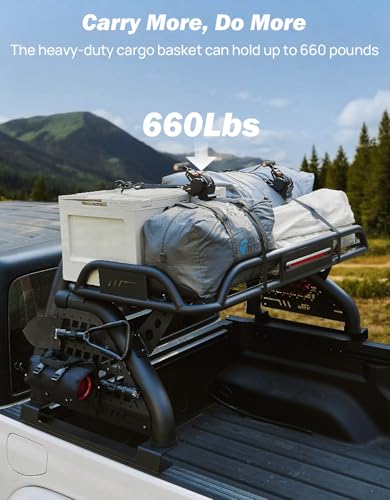 Image of JOYTUTUS Roll Bar with Cargo Basket & Brake Light for Mid-Size Truck, Extendable Chase Rack Pickup Sports Bar Compatible with Tacoma, Gladiator JT